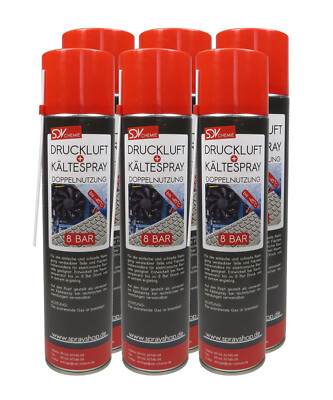 DRUCKLUFT- u. KÄLTESPRAY 6x 600ml 8 bar Air Duster Eis Kühl Vereisungs Spray