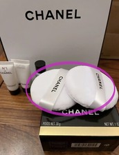  2pcs Chanel White Powder Puff w/Logo Satin Ribbon Full Size New 100 Authentic