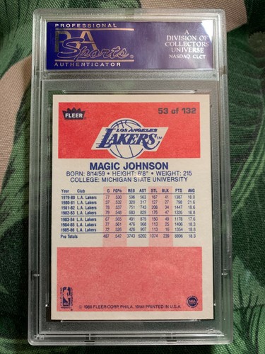 1986 Fleer Basketball #53 Magic Johnson Rookie Card RC PSA 8 NM-MT Lakers - Afbeelding 2 van 2