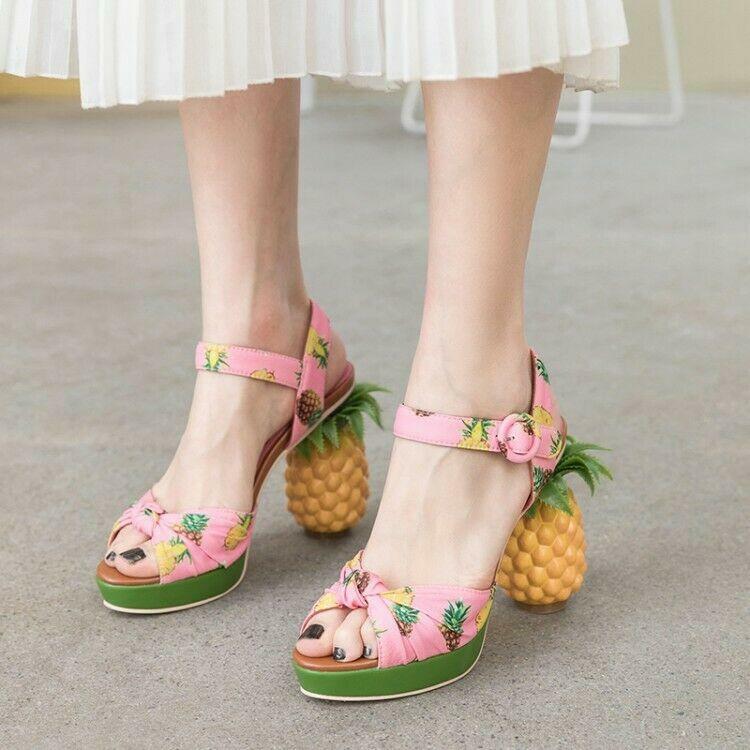 Womens Fashion Pineapple Printed Block Heel Ankle Strap