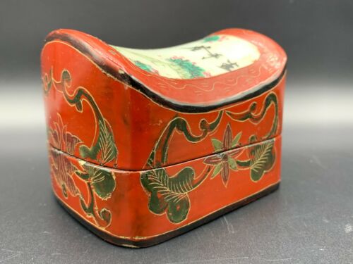 Antique Chinese Japanese Lacquerware Paper Mache Inlaid Porcelain Trinket Box - Picture 2 of 11