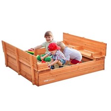 Wooden Sandbox 52.4x47.2x16.9in Sand Pit w/Foldable Bench Seats Bottom Liner