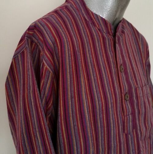 Men's Grandad Collar Shirt - Long Sleeve Summer Cotton Stripe Purple Casual Tops - Picture 4 of 5