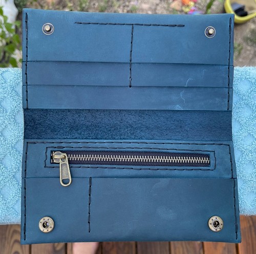 Handmade Blue Full Grain Oiled Leather Hand Stitched Clutch Wallet Austin Tx - Picture 4 of 12
