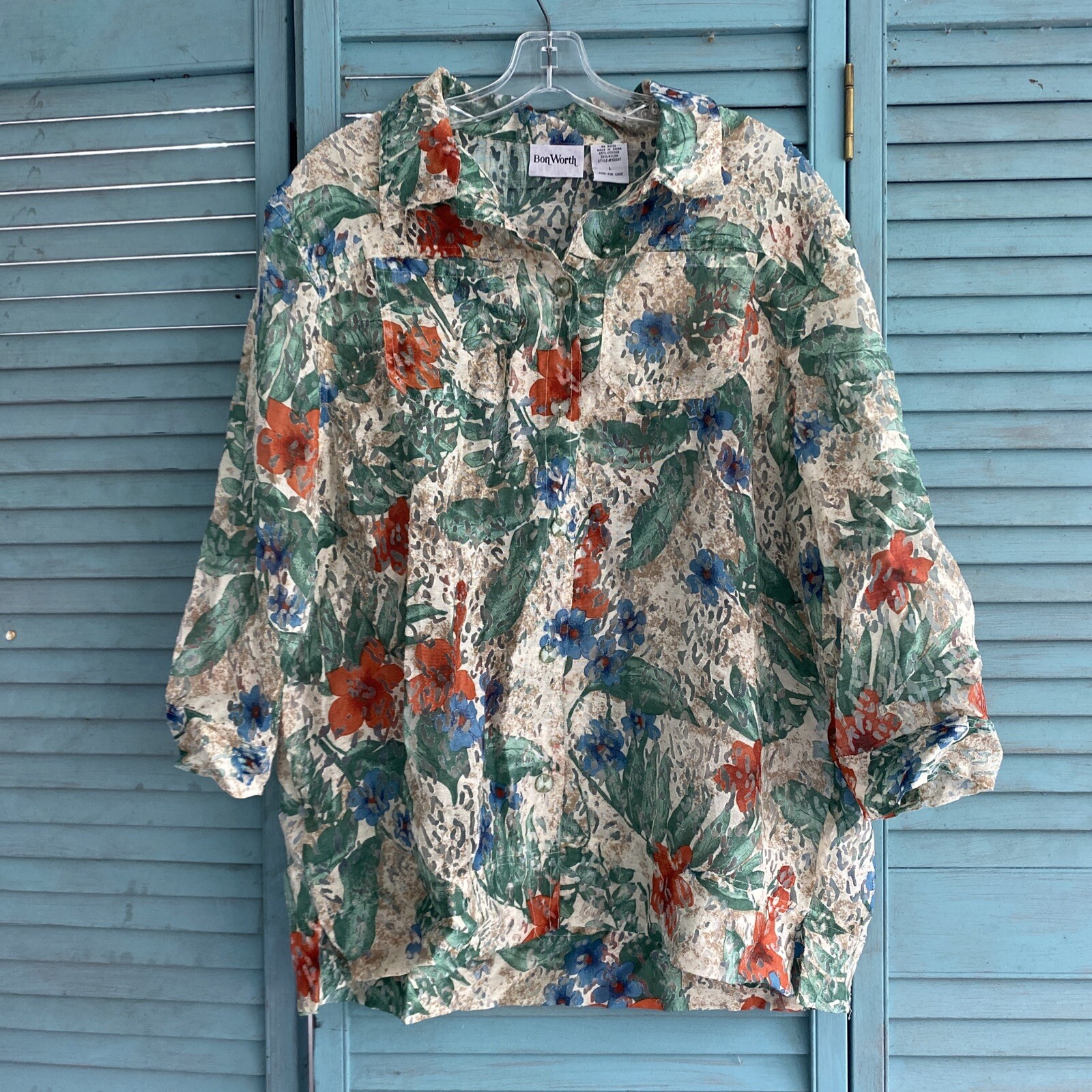 BonWorth Womens Blue Green 3/4 Sleeve Button Up Blouse Size L