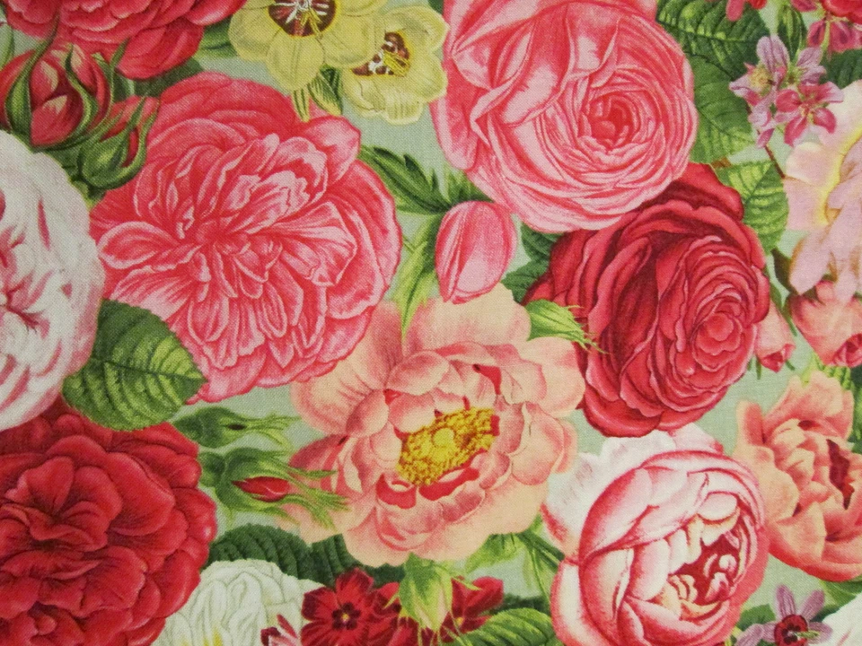 TELA DE ALGODÓN AZUL FLORES ROSA ROJO PARIS ROSAS FQ  Foto 2 de 4