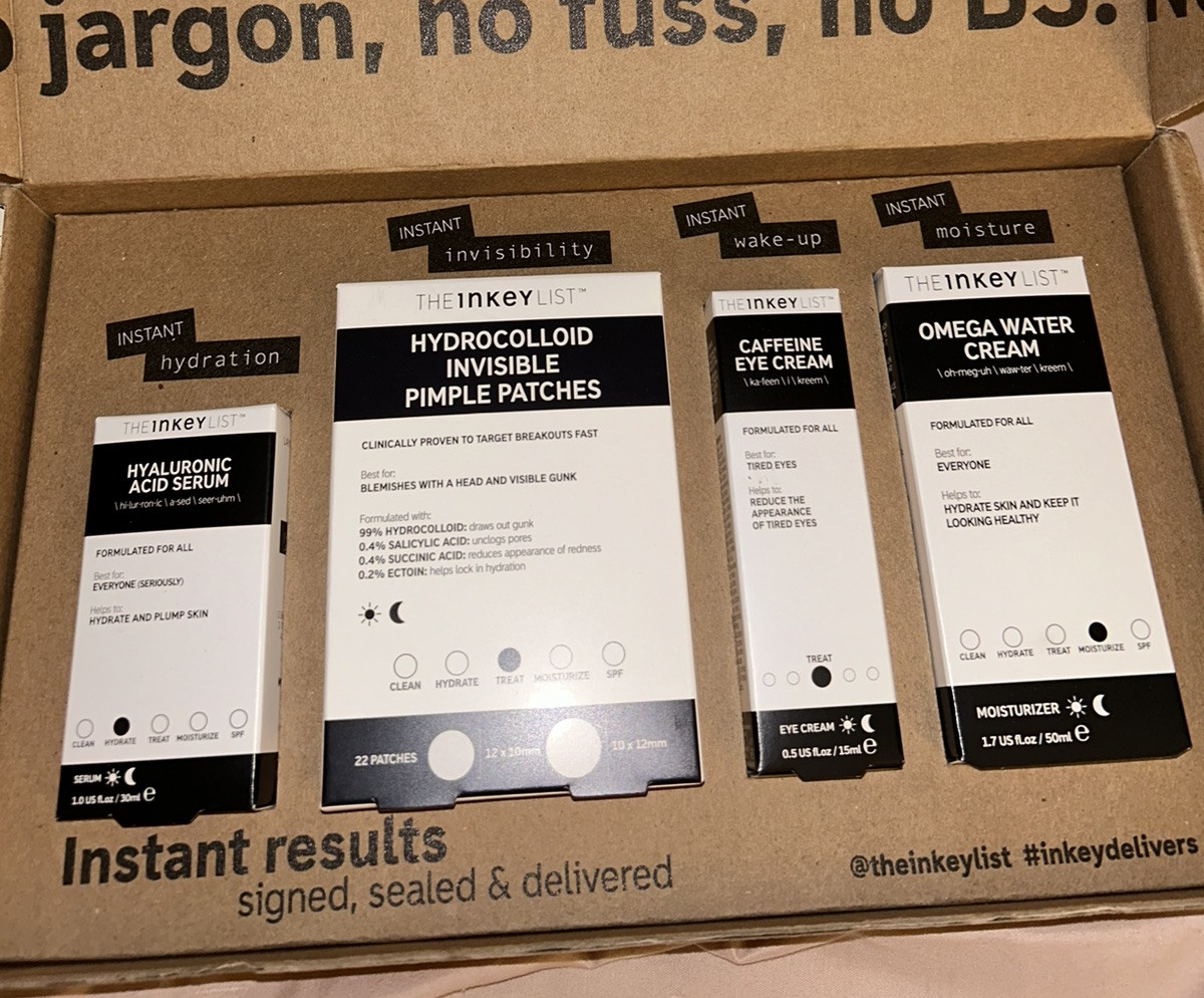 Inkey List Skincare Bundle with Hyaluronic Acid Serum Pimple Patches Eye Cream Omega Cream