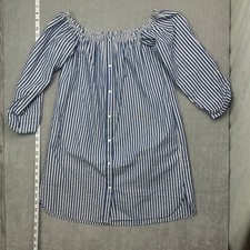 Zara Trafaluc Blue White Striped Off Shoulder Shirt Dress Womens Size XS Cotton