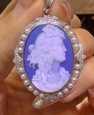 925 silver Bacchus blue Agate Cameo vintage jewelry Pendant estate jewelry gift