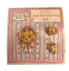 1995 Enesco Cherished Teddies Bear Rose Bow Love Lapel Pin & Earring Set
