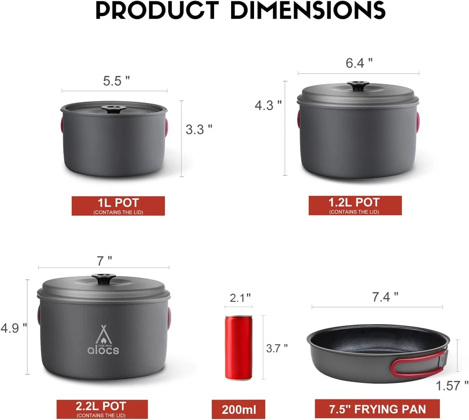 Alocs Camping Cookware Set Gear, 2.2L+1.2L+1L 升 锅+7.5pan, 灰色 — 第 4/4 张图片