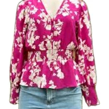 Sienna Sky Top Women’s Medium Pink Floral Peplum Smocked Buttons Boho Fairy Goth