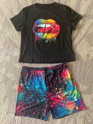 2XL Lips Print Set   T-Shirt & Shorts, Paint Splash Design, Casual Lounge Wear