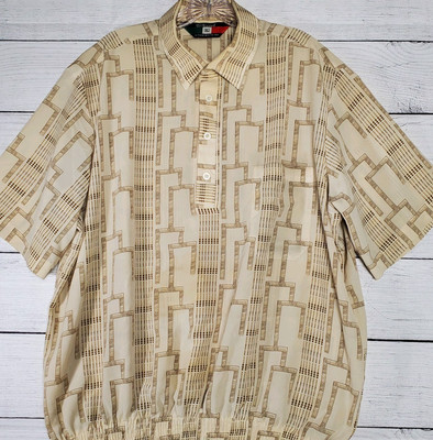 D Accord Shirt Mens XL Beige Pullover Short Sleeve Button Geometric Pattern