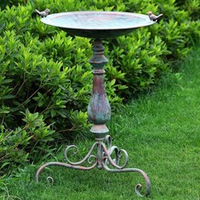 27.25 Ornate Metal Pedestal Style Birdbath W/ Cast Iron Vintage Birds Baths