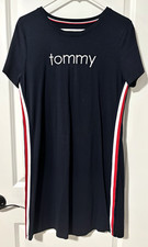Tommy Hilfiger Women's Navy Logo T-Shirt Dress Side Stripe Crew Neck M