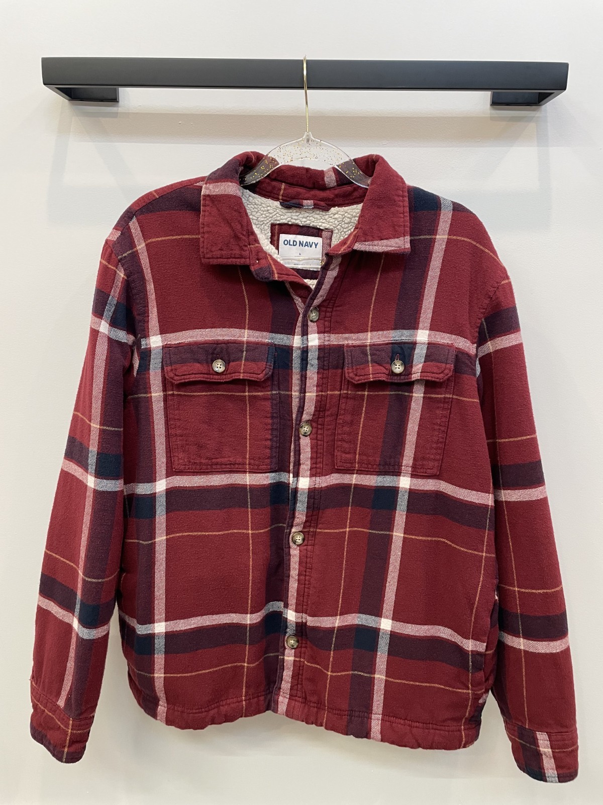 Sherpa Lined Flannel Jacket Men L Red Blue Plaid Shirt Jacket Warm Winter