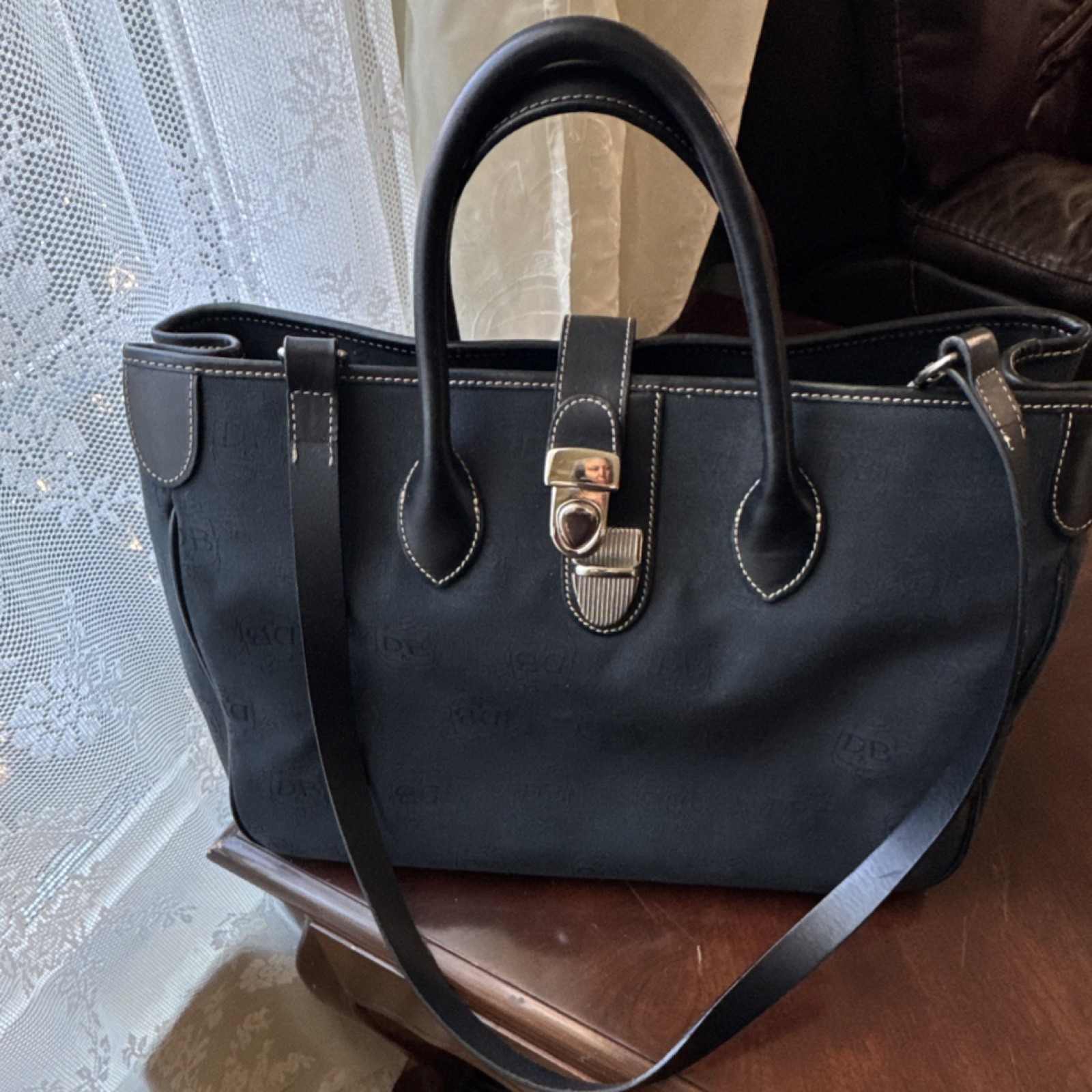 Dooney & Bourke Black Logo Satchel Lock Accent Double Handles Shoulder Strap
