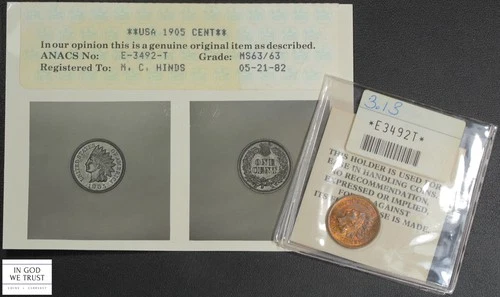 1905 Red-Brown Indian Head Cent 1C Old Photo Grading Certificate ANACS MS 63