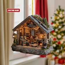 Rustic Hunter's Lodge Ornament, Snowy Cabin, Deer Antlers 2D Flat