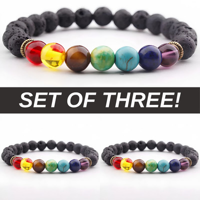 7 Chakra Healing Beaded Natural 8mm Lava Stone with Crystal Bracelet - 3pcs -NWT