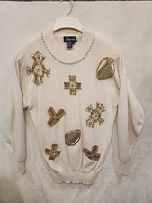 Angenie Sweater Womans XL Lambswool Angora Cream with Gold Beading Hand Wash