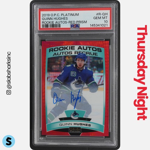 2019 O-PEE-CHEE PLATINUM #R-QH QUINN HUGHES ROOKIE AUTO RED PRISM RC /50 PSA 10
