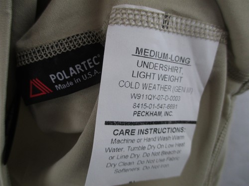 Gen 3 Level 1 Medium Long Sand Tan Silk Weight Undershirt ECWCS Army USGI NWT - Picture 3 of 3