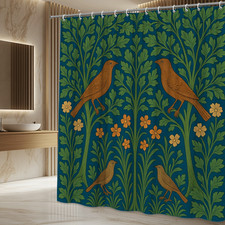 Boho Floral Birds Shower Curtain - Green and Blue Design