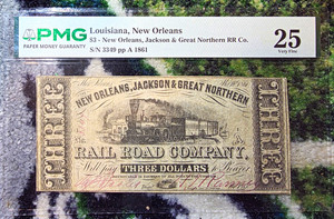 PMG 25 Very Fine 1861 New Orleans Jackson & Great Northern RR Co $3 Banknote