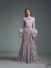 Feather Lace Sleeve Wedding Guest Dress 3D Floral Appliqued Evening Prom Dress