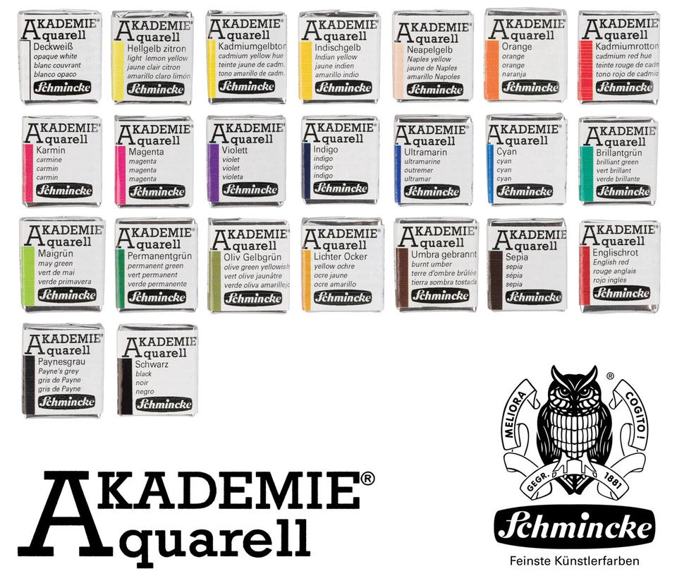 24 Farbtöne Schmincke AKADEMIE Feine Künstler Aquarellfarbe 1/2 Näpfchen
