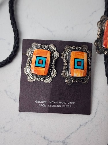 Navajo Sterling Silver Turquoise & Coral Inlay Earrings & Bolo Tie - Bild 2 von 12