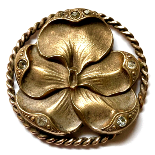 1-7/16" Pretty Antique Large Gilt Brass Art Nouveau Pansy Flower Button w Pastes - 第 1/4 張圖片