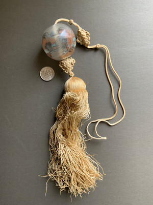 Antique Peking Glass Reversed Painted Large Bead with Silk Tassel