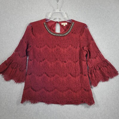 Lily White Lace Top M Maroon Jeweled Beaded Neckline Lined 3/4 Bell Lace Sleeve