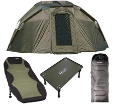 Deluxe 2 Man Fishing Bivvy Set Reclining Bed Chair Table & Trekker Sleeping Bag