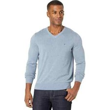 Tommy Hilfiger L28910 Men's Blue Cotton Signature Solid V-Neck Sweater Size XL