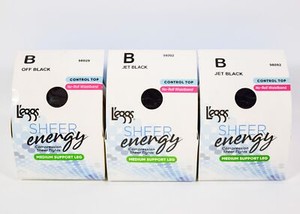 6 Pair L'eggs Control Top Pantyhose Size B Off Black No-Roll Waistband (3 Boxes)