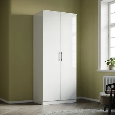 ELEGANT 2 Doors Wardrobe White High Gloss Bedroom Furniture Storage With Hanging Rail