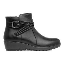 Softlites Womens Boots Black Adults Ladies Zip Up Padded Ankle Buckle Wedge SIZE