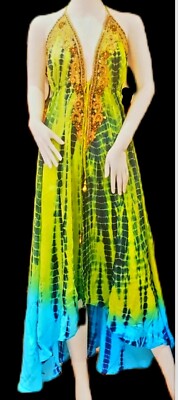 SILK Lime Grn/ Blue Tie Dye Hi-Lo Dress w/Swar. Cry .-NWT- Beautiful***OS