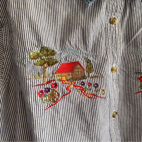 Basic Editions Women's Vintage Denim Collar Barn Embroidery Shirt Size Medium - Picture 6 of 10