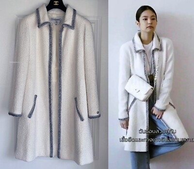 CHANEL 20P RUNWAY WHITE SILVER BRAID TRIM TWEED COAT 38 | eBay