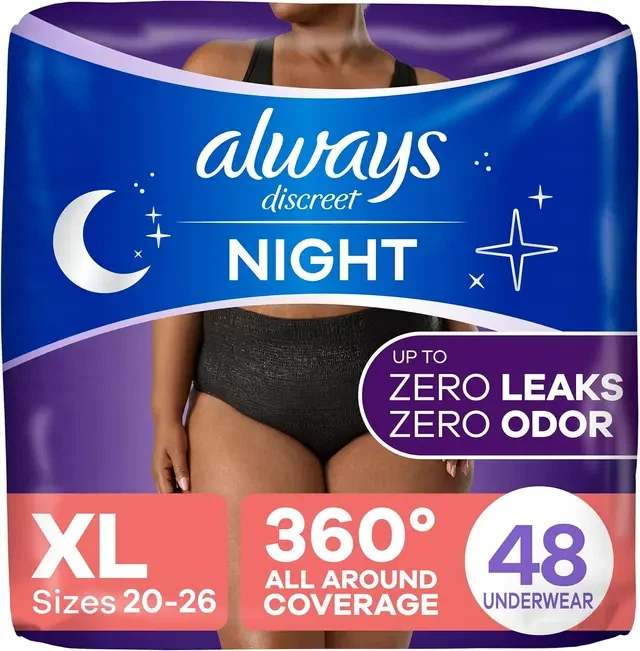Always Discreet NIGHT Adult Incontinence Underwear for Women, XL *48 COUNT*