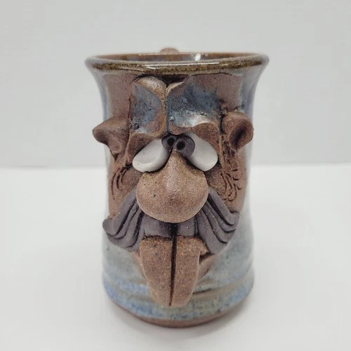MMS Mahon Stoneware Ugly Funny 3D Face Mug Drip Glaz Pottery Mustache Man Tongue
