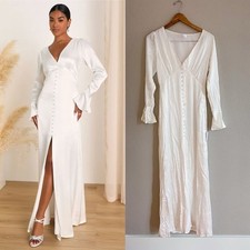 Lulus Elegant Celebration White Satin Long Sleeve Slip Maxi Dress