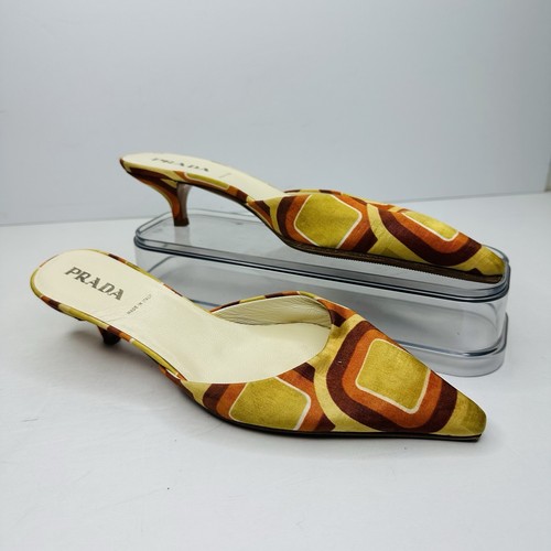 Vintage Prada Slip On Heels Women's Size 35 EU Yellow Orange Made in Italy Shoes - Picture 2 of 10