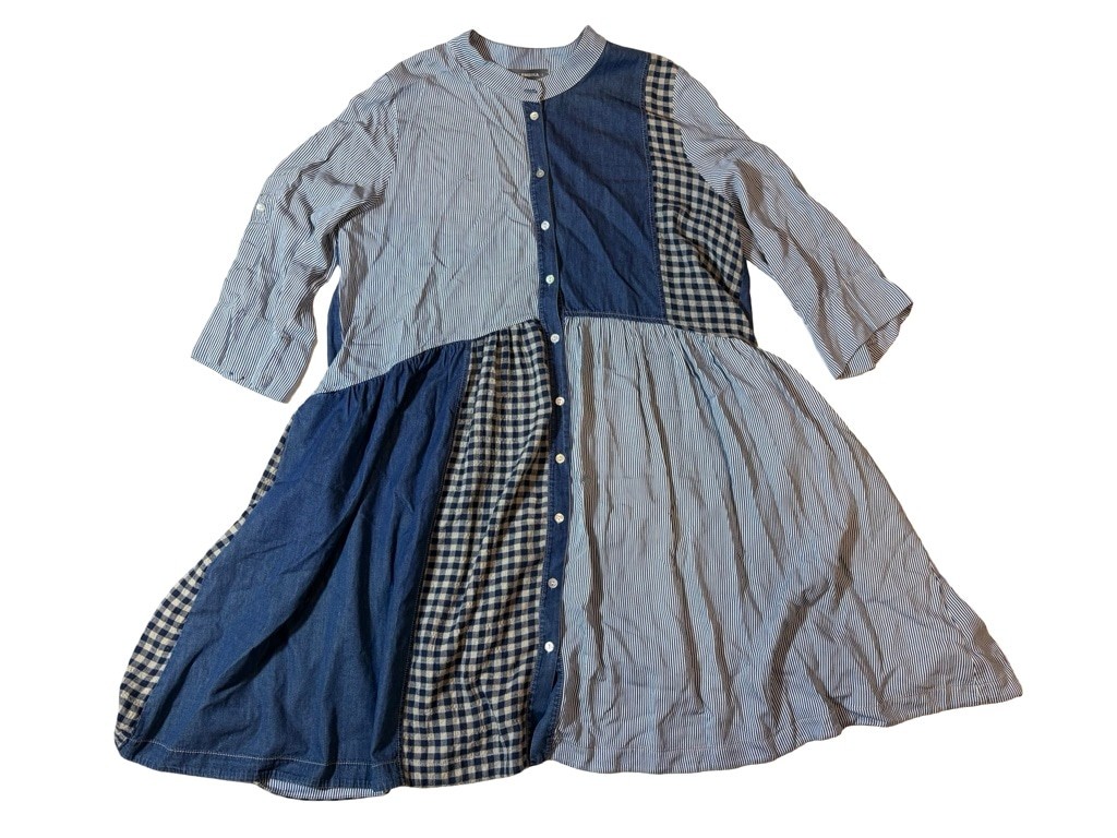 Alembika Patchwork Mixed Media Midi Dress Blue Stripe Gingham Artsy Lagenlook