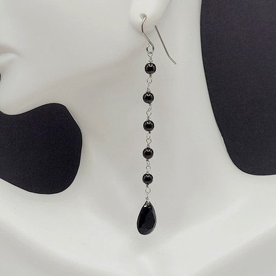 Black Onyx Bead Shoulder Duster Long Linear Silver Tone Pierced Hook Earrings